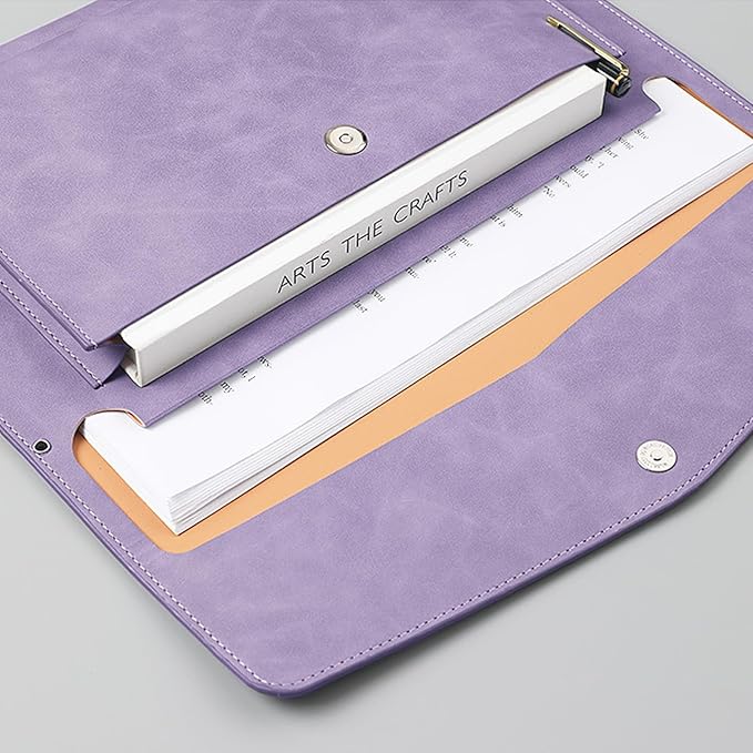 PU Leather A4 File Folder Document Holder with 2 Compartments Envelope Folder Case with Snap Closure for Receipt Contract (Purple)