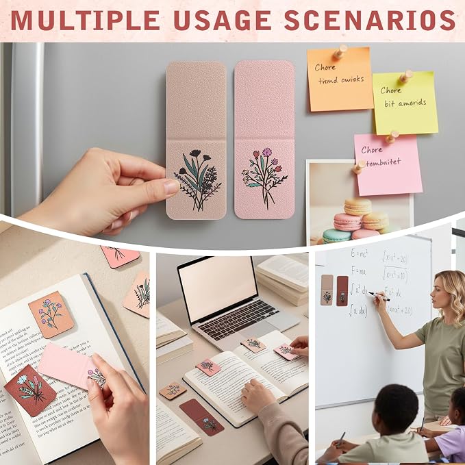 Hsei 6 Pcs Magnetic Leather Bookmark Floral Magnet Leather Book Marker Clips Accessory Women Flower Cute Reading Gifts for Bookworm Lovers Mother's Day Birthday Teacher's Appreciation Gift(Pink Brown)