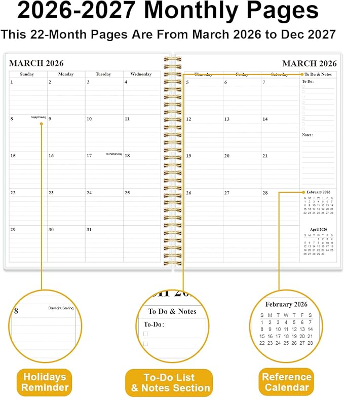 Monthly Planner 2026-2027 - Monthly Calendar from March 2026 to December 2027, 2026 Planner with Inner Pocket, Elastic Band, 8.5" x 11", Crushed Flower