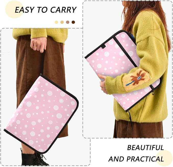 Abstract Round Pink File Folders,Plastic Folders with 13 Pockets,Expandable File Folder for Documents School Students Office,Aesthetic Folder with Labels A4 Letter Size