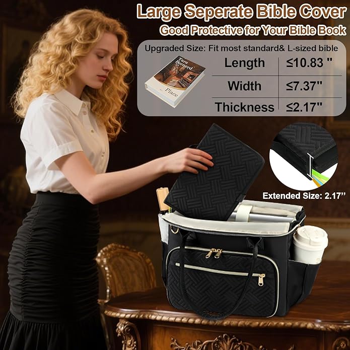 Veirdro Large Bible Tote Bag with Bible Cover Case for Women, Portable Church Bag with 13 Inch Laptop Compartment& 14 Pen Slots, Quilted Bible Purse with Shoulder Strap for Bible Study Supplies, Black