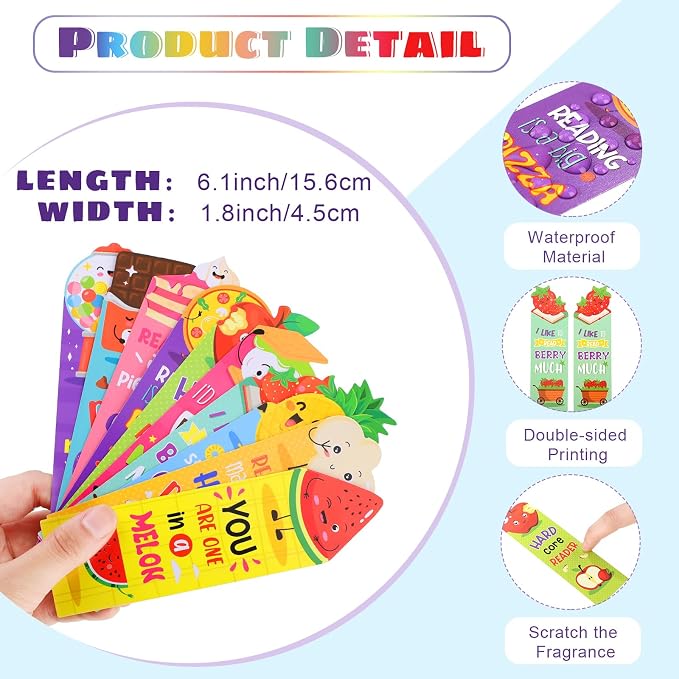 Eersida 150 Pieces Scratch and Sniff Scented Bookmarks Kids Fruit Food Theme Sayings Bookmarks Sayings Assorted Cute Scented Gifts for Students Teens Food Lovers, 10 Styles