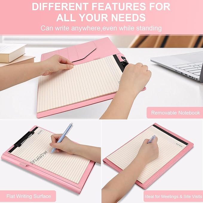 Clipboard Padfolio with Storage Pocket,Clipboard Folder Portfolio Organizer,360 Degree Foldable Clipboards,Faux Leather Padfolio Organizer (Pink, A4 Size Folder Without Elastic Band)