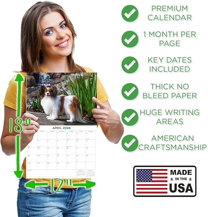 2025 2026 Papillon Calendar - Dog Breed Monthly Wall Calendar - 12" x 18" Open - Thick No-Bleed Paper - Giftable - Academic Teacher's Planner Calendar Organizing & Planning - Made in USA