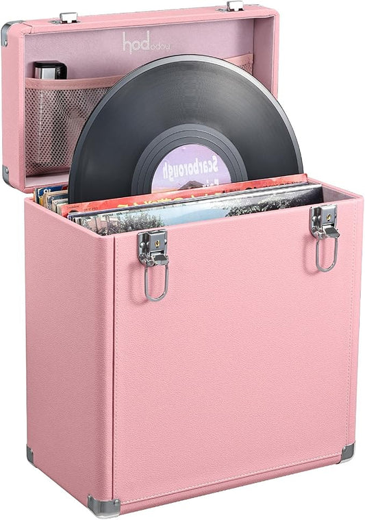 Hododou Vinyl Record Storage Box with Lock Record Organizer Storage for 30+ Single Records 12-inch Water Resistant Collapsible Storage Crate with Handle Mesh Pouch for Valuable Album Collection Pink