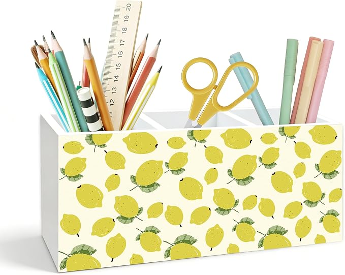 Lemon Pen Holder for Desk, Lemon Themed Gifts, Summer Yellow Fruit Wooden Box Pencil Pen Holder Organizer for Home Office Desk Accessories