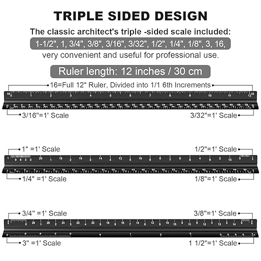 Architectural Scale Ruler, 12 Inch Aluminium Architect Scale Ruler, Imperial Metal Engineers Triangular Ruler for Architects, Students and Draftsmen, Laser Etched Markings