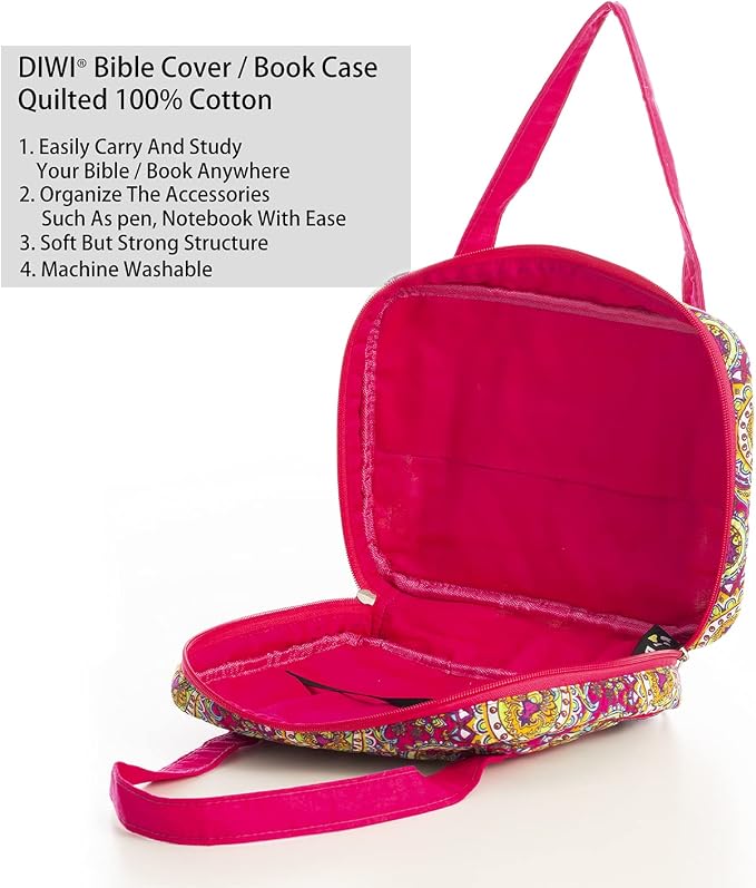 DIWI Quilted Bible Cover Extra Large Sizes 11.25 X 8.25 X 2.75 Inches Bible Tote Good Book Case (XL, C2 Magenta Paisley)