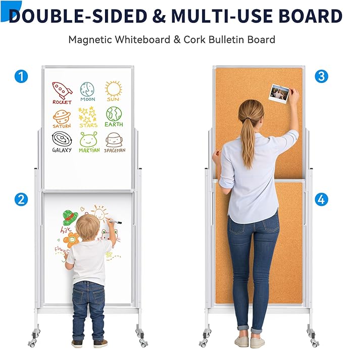 Rolling Whiteboard with Stand, 24x63 Double-Sided Magnetic Dry Erase Board & Cork Board, 4 Writing Surfaces, Adjustable Height Mobile White Board on Wheels for Home, Office, Classroom
