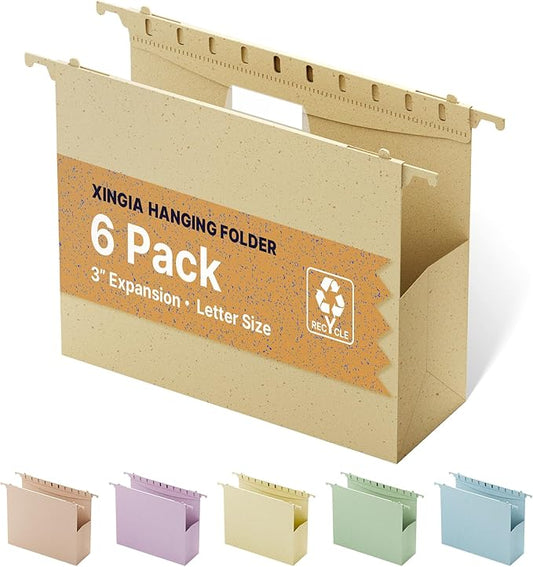 XINGIA Plastic Hanging File Folders Letter Size,6 Pack Letter Size Hanging File Folders with 1/5-Cut Tabs,Heavy Duty 3 Inch Expansion, Expandable Hanging File Folders Organizer for Documents