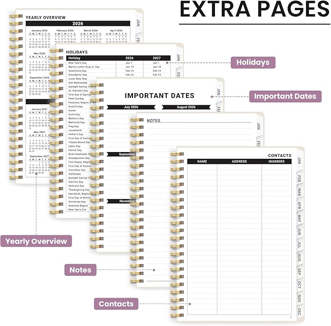 2026 Planner, Weekly and Monthly Calendar Planner for Women, Jan 2026 - Dec 2026, Hardcover Planning Agenda book with Tabs, Spiral Bound, Inner Pocket, Perfect for School Office Supplies, 6.3" x 8.5" - Soft Peony