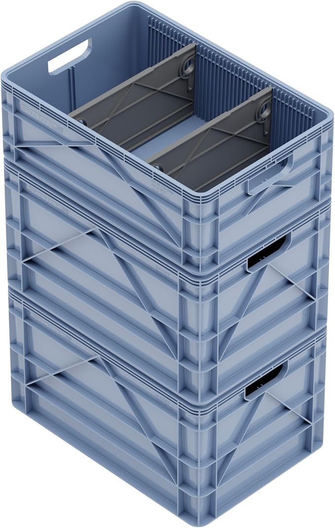 Sidio Crate Basic Pack - 2 Full-Size & 1 Half-Size Heavy Duty Stackable Storage Bins, Totes, Containers with Dividers - Durable Plastic Organizer for Home, Office, Garage, and Outdoor Use, Navy Gray