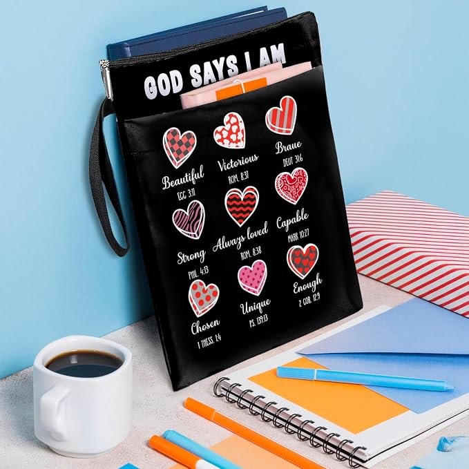 Book Cover Christian Inspired Gift, God Says I AM- Reusable Book Pouch, Christian Book Sleeve Bible Verse Sleeve for Book Lovers (Black-GOD SYAS, Large)