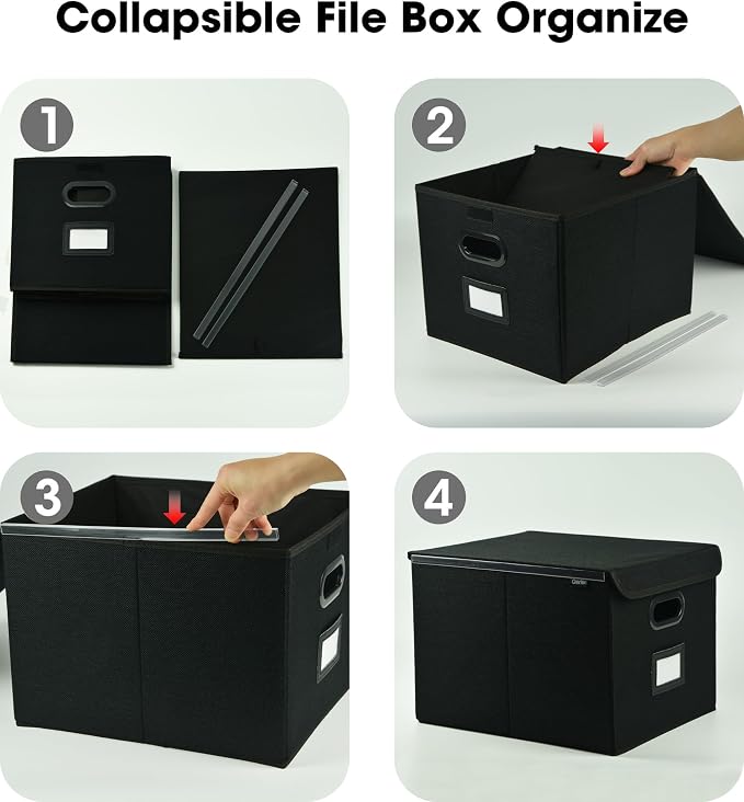 Qerlei File Organizer Boxes with Lids,Collapsible File Folder Organizer with Plastic Slide,Collapsible Filing & Storage Boxes for Office/Decor/Home (Black, 2 Pack)