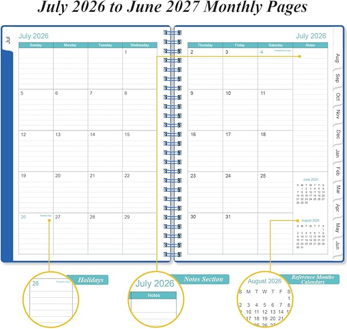 2026-2027 Planner - Planner 2026-2027 from July 2026 - June 2027, Weekly & Monthly Planner Spiral Bound with 12 Monthly Tabs, Inner Pocket, 6.4" x 8.5", Blue