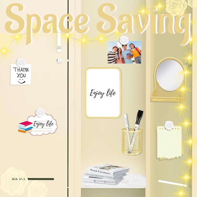 8 Pcs Locker Accessories for Girls Gold Magnetic Mirror, Magnetic Pen Holders, Cute Flower Magnets,Gold Locker Decoration for School Locker, Back to School Essentials