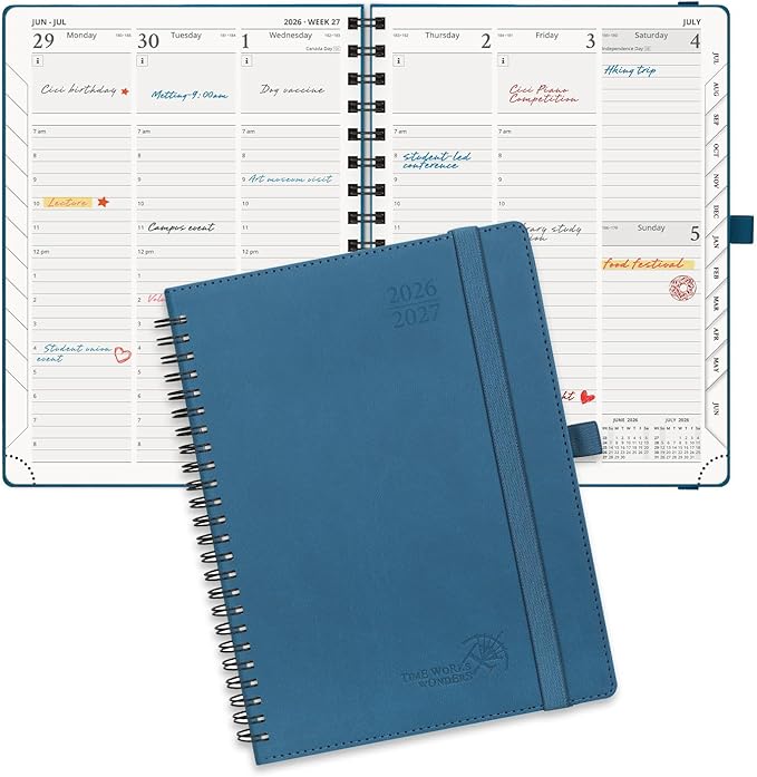 POPRUN Planner 2026-2027 (Medium - 6.5'' x 8.5'') Academic Weekly Calendar (July 2026 - June 2027) with Hourly Time Slots, Monthly Tabs, 100GSM Thick Papers, Spiral Leather Cover - Night Sky Blue