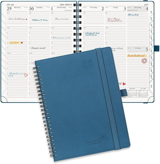 POPRUN Planner 2026-2027 (Medium - 6.5'' x 8.5'') Academic Weekly Calendar (July 2026 - June 2027) with Hourly Time Slots, Monthly Tabs, 100GSM Thick Papers, Spiral Leather Cover - Night Sky Blue