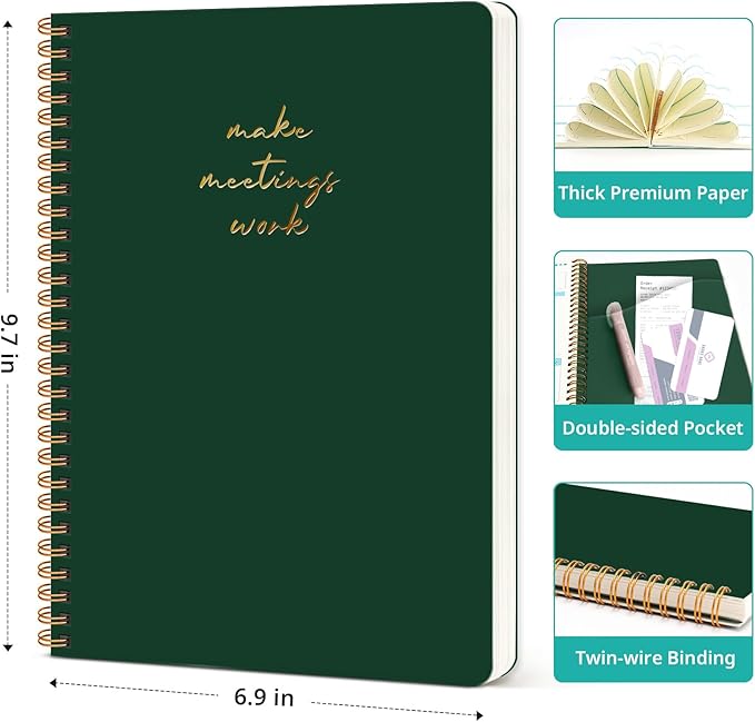 Meeting Notebook for Work Organization - Work notebook with action items, Meeting Minutes Planner Notebook, Perfect Office Supplies for Men & Women - Dark Green