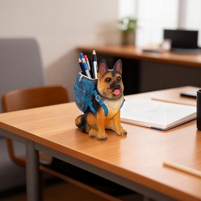Upriver German Shepherd Pen Holder for Desk, Cute Dog Resin Pencil Holder Pen Cup, Unique Desk Decor Accessories for Home Office School, Gifts for Dog Lovers