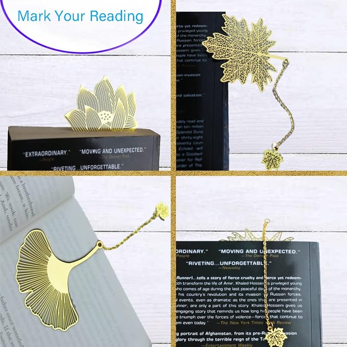 4 Pieces Bookmarks，Handmade Thumb Wooden Walnut Book Page Holder with Golden Ring，Bat Wing Design，3 Pieces Metal Bookmarks with Chain，Golden Hollow Design, Book Reading Accessories (Small)