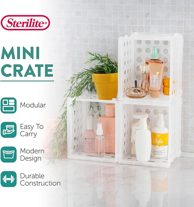 Sterilite Mini Crate, Stackable Plastic Storage Bin with Handles, Organize Home, Garage, Office, School, Dorm Room, Clear, 12-Pack