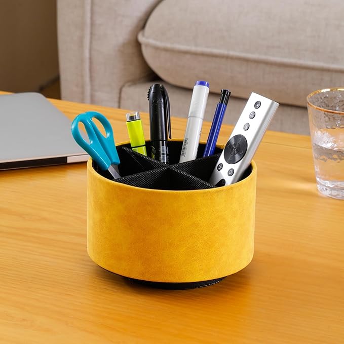 Remote Control Holder For Table, 360 Degree Spinning Desk Organizer For Bedside Night Stand, TV Remote Caddy with 4 Compartments, Office Rotating Pen Holder Yellow PH126
