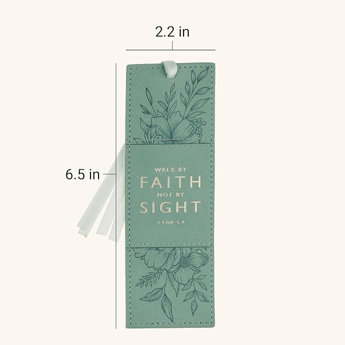 Christian Art Gifts Premium Vegan Leather Encouraging Scripture Bookmark for Women: Walk by Faith Inspirational Bible Verse, Smooth Satin Ribbon, Sturdy Debossed Floral Reading Accessory, Teal & Gold
