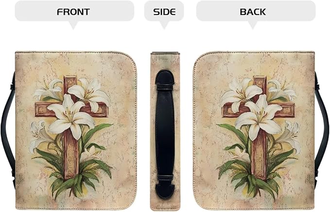 White Flower Print Bible Case,Cross Style Leather Bible Covers for Women,Bible Study Accessories Supplies,Book Protector Bible Case-Size：M