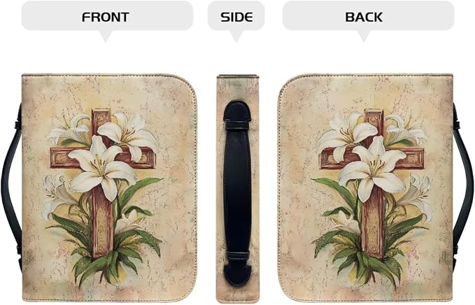 White Flower Print Bible Case,Cross Style Leather Bible Covers for Women,Bible Study Accessories Supplies,Book Protector Bible Case-Size：XL