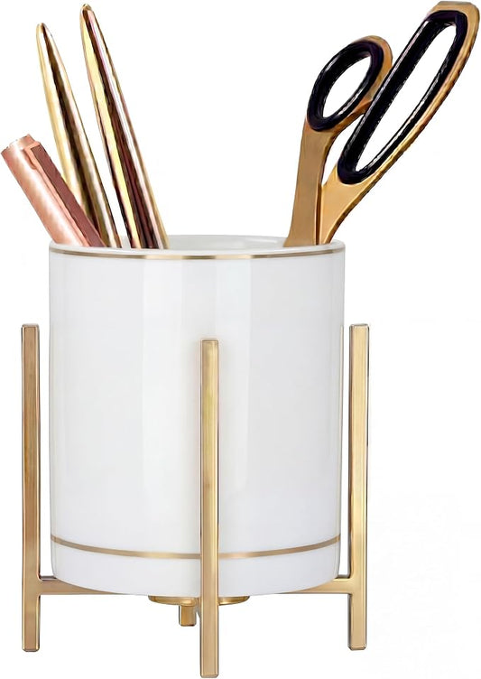 Gold Pen Holder for Desk Aesthetic, Ceramic Pencil Cup with Metal Legs, Makeup Cup for Brushes, Desk Decor for Women Girls