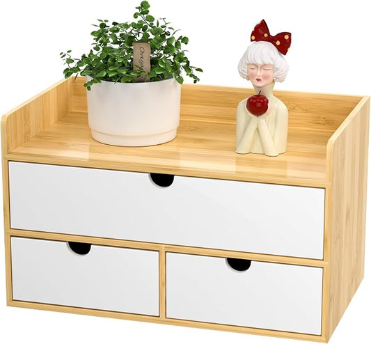 Desk Organizer with Drawers - Bamboo Desktop Organizer Storage | Natural-White Wood Desk Drawers Organizer for Bills, Office Supplies, Cosmetics, Seals No Assembly Required