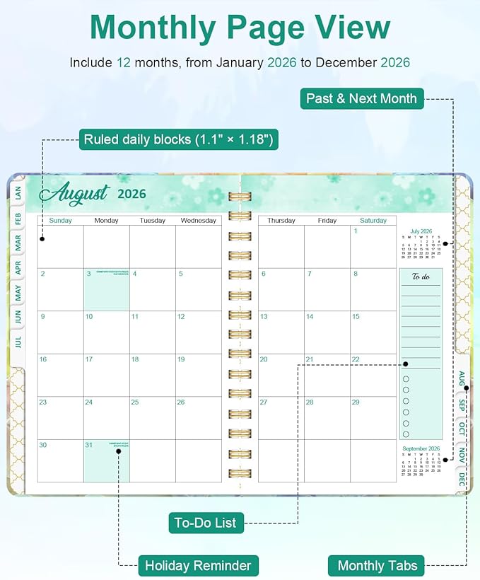 2026 Weekly and Monthly Planner - 2026 Hardcover Calendar Planner, Jan. 2026 - Dec. 2026, Daily Agenda Book with Tabs, Twin-Wire Binding, Back Pocket, School Teacher Student Supplies, A5(6.3" x 8.5") (Spring Flower)