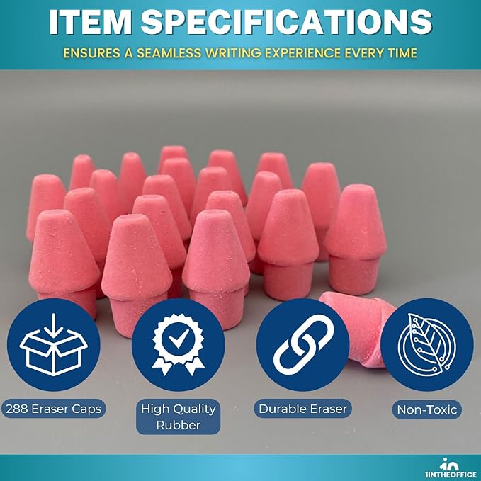 1InTheOffice Pencil Cap Erasers, Assorted Colors, Arrowhead Caps Tops Eraser, Eraser Cap for Art, School, Office Use, and Classroom Set, (Pink, 288 Pack)
