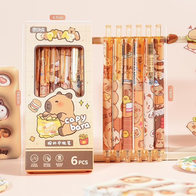 12 Pcs Cartoon Retractable Gel Ink Pens, 0.5mm Fine Tip Black Ink Cute Capybara Pen Set, Ideal for Office, School, Women & Men (Black Ink - Capybara)