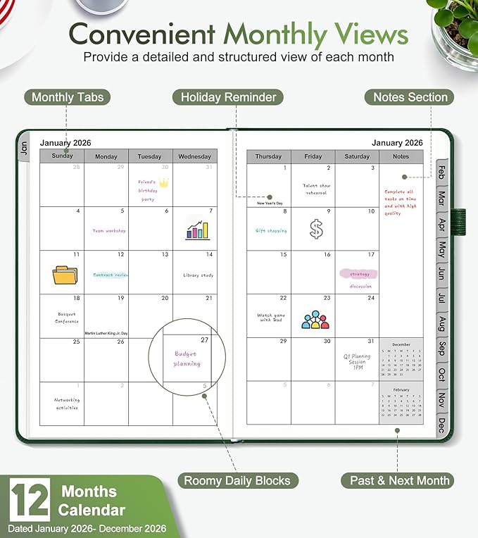 2026 Weekly & Monthly Planner, 12 Months Hardcover Planner from January 2026 - December 2026, Leather Agenda Organizer Book 2026 with Tabs, Daily Calendar Planners for Work School Home, A5 (5.75" x 8.38"), Green