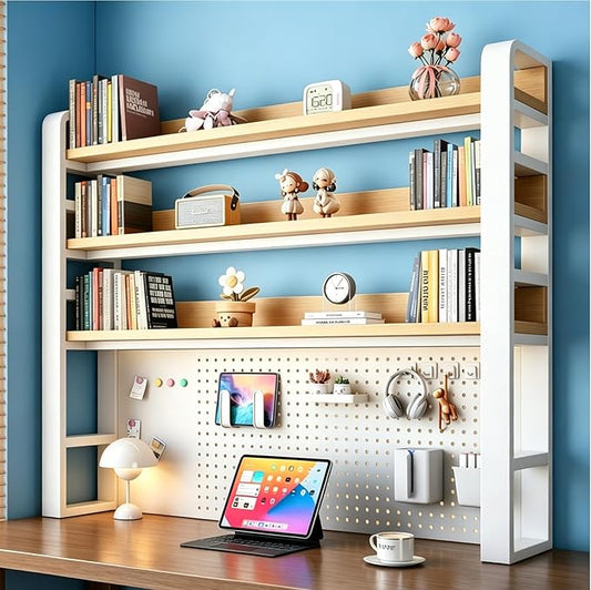 Desk Shelf Organizer with Pegboard & Storage Parts, 45kg Heavy Duty Desk Hutch, Desktop Storage Rack for Office & Home Office Shelves White Shelf/Natural Wood Board (4-Tier) 61×10×48.5"