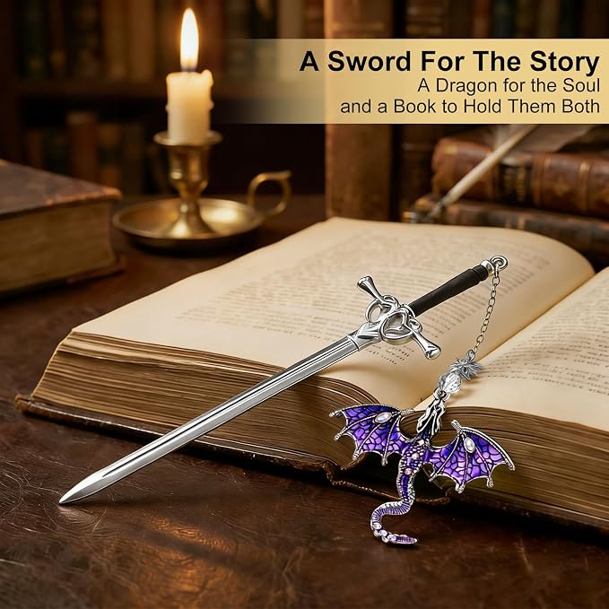 Vintage Metal Dragon Sword Bookmark, Fourth Wing Inspired Fantasy Book Markers, Cool Unique Bookmarks for Adults & Book Lovers, Personalized Dragon Gifts for Men (Purple)