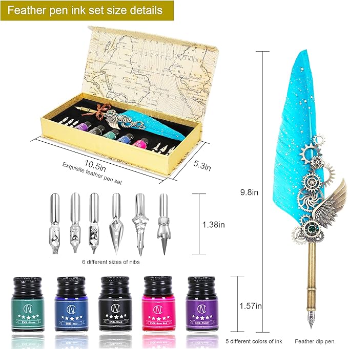 NC Quill Pen Ink Set Includes 5 Bottles of Ink and 6 Replaceable Stainless Steel Nibs, Feather Pen for Writing, Signing Invitations Etc. (Sky Blue)