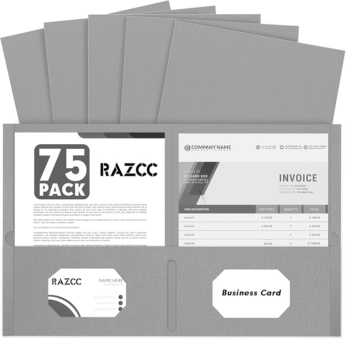 Two Pocket Folders, RAZCC 75 Pack 2 Pocket Folders Fit Letter Size Paper, Paper Folders with Pockets for School Office Business Home (Grey)