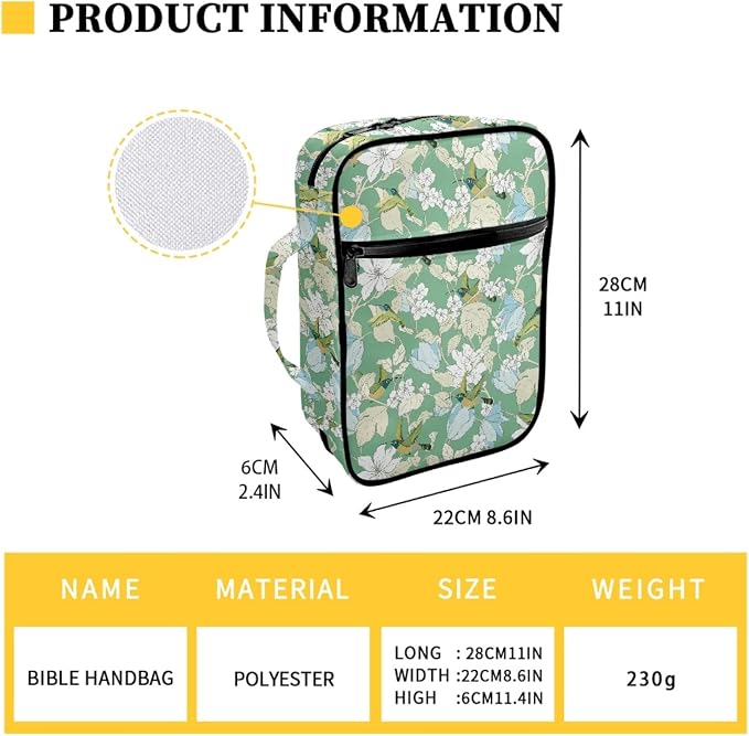 Coldinair Hummingbird Floral Green Bible Cover for Women Teens Girls,Decorative Carrying Book Case Church Bag Bible Protective with Handle and Zippered Pocket