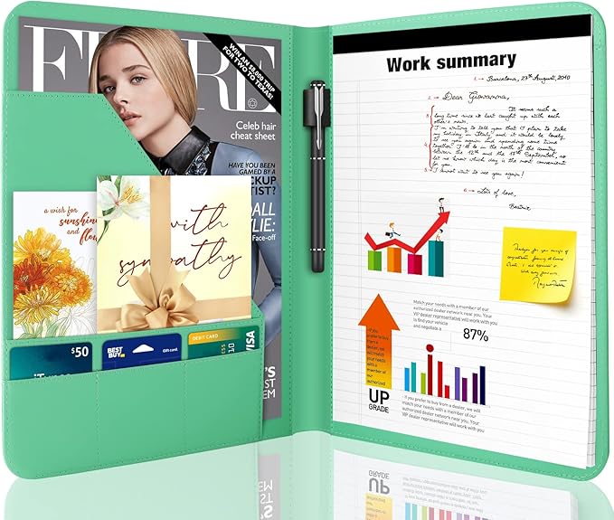 1 Pack Business Padfolio Portfolio Binder, Faux Leather Folio Folder, Resume Legal Document Organizer with Letter Size Writing Notepads (New Mint Green 1 Pack)