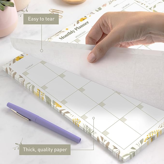 Rileys Monthly Planner Desk Pad, Undated Planner Calendar with 52 Tearaway Sheets, Wide To Do Planner Notepad with Top Priorities and Notes Sections, Printed Border, 16.5 x 11.4" (Floral Yellow)