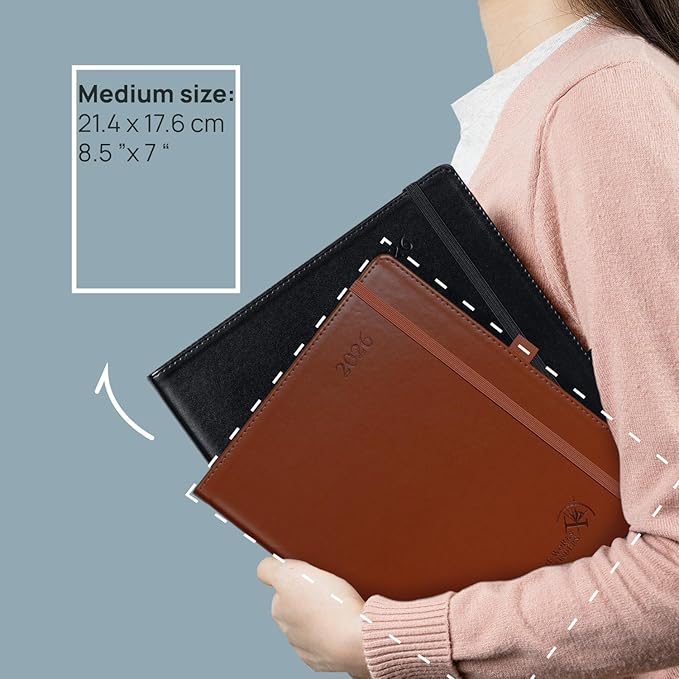 POPRUN 2026 Weekly Planner (Medium 7'' x 8.5''), 30-Minute Hourly Appointment Book (Jan 2026-Dec 2026) with Monthly Tabs, Inner Pockets, Pen Holder, PU Leather Softcover, 100GSM - Brown