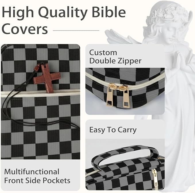 Bible Cover Case for Women Corduroy Bible Case for Girls Large Bible Cover with Handle Bible Study Supplies Accessories Christian Gifts for Women (Black Grey-Checkered, Medium)