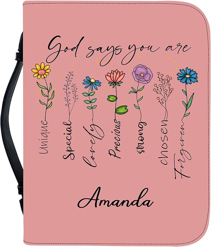 Custom Leather Bible Cover with Name – Personalized Bible Case for Women, Zippered with Handle, Bookmark & Storage Pockets, Christian Gift for Mom, Daughter, Grandma (God Says You are, M-2XL)