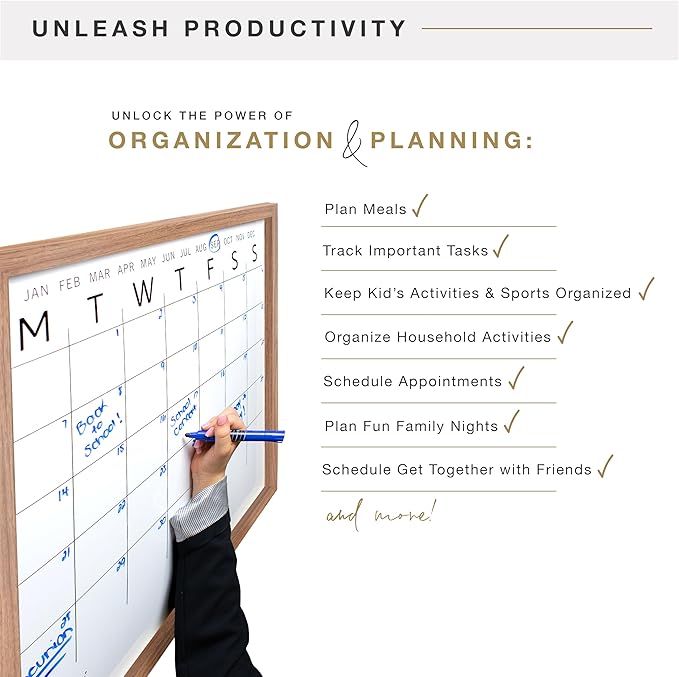MCS Dry Erase Calander 30x30 Walnut Framed Monthly Calendar for The Wall, Stay Organized with Family Planner for Appointments, Sports, Events & More
