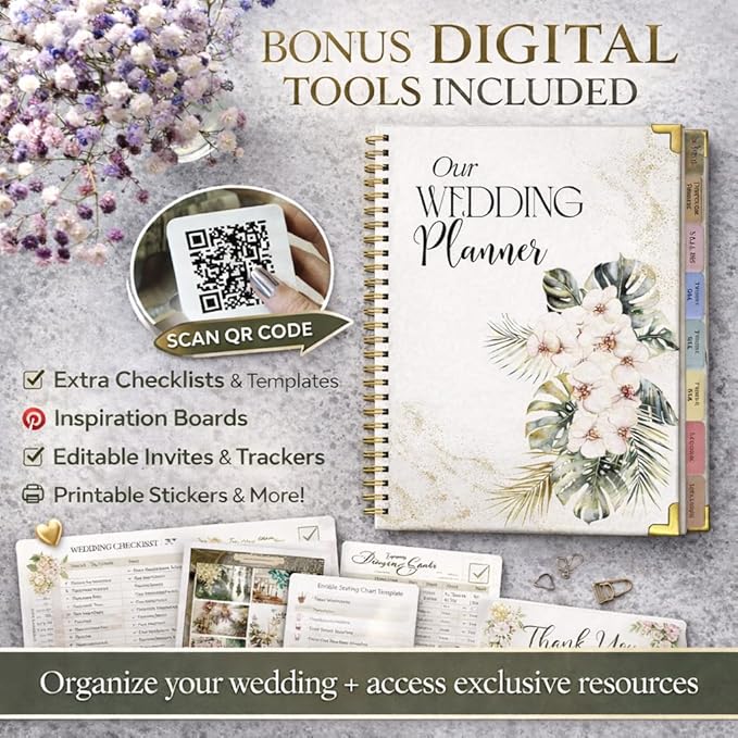 Wedding Planner Book and Organizer for Bride and Groom - Engagement Gift, Wedding Planner with Checklist, Timelines, & Budget Tracker - Includes Free QR Code for Exclusive Digital Tools.