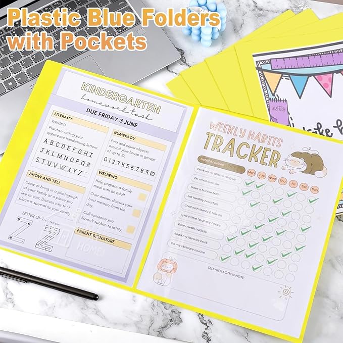 24 Pcs Back to School Take Home Folders for Elementary Students 2 Pocket Folders with Clear Front Pocket 4 Inner Pockets Plastic Parent Teacher Communication Folder 11.81 x 9.45 Inch (Yellow)