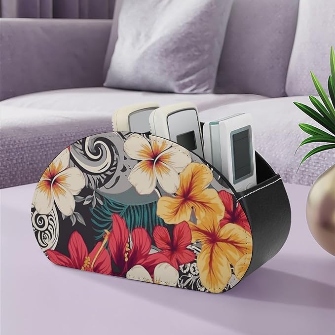 Colorful Hawaiian Pattern Remote Control Holder with 5 Compartment Organizer Box, Leather TV Remote Holder Organizer Caddy for Table, PU Leather Remote Box for Nightstand Office Desk Storage Box